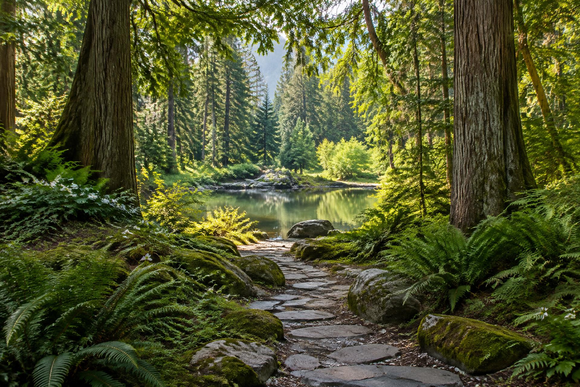A forest path beside a peaceful lake